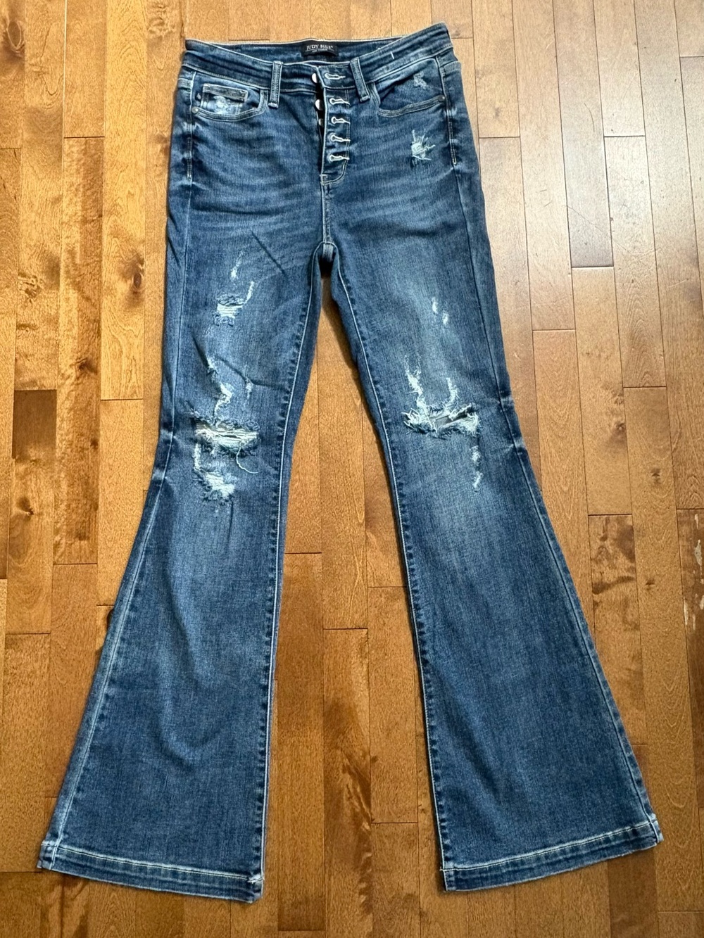 Judy Blue High Waist Button Fly Distressed Trouser Flare Jeans Dark Wash – 5/27